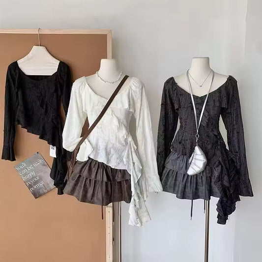Women Y2K Vintage Korean Casual Acubi Irregular Patchwork Gyaru Ruffled Long Sleeve T-shirts Tees Gyaru Tops 2000s Alt Clothes