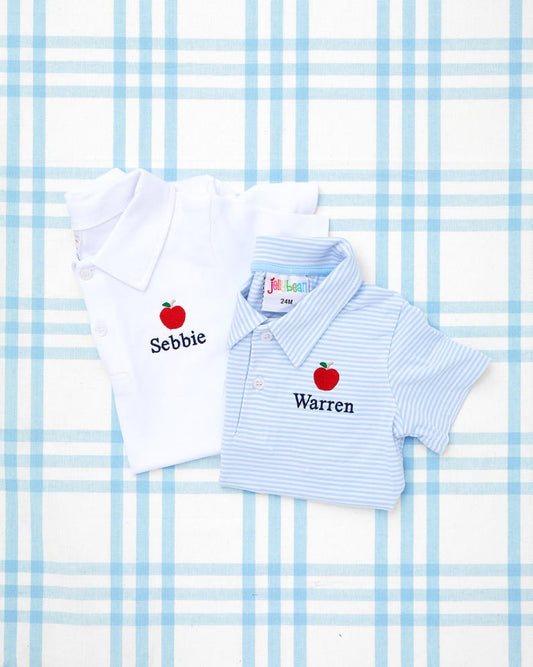 Short Sleeve Romper & Polo with Motif - Back to School // Personalized Boys Monogram Shirt, Apple Shirt, Youth Polo, Embroidered Polo Shirt